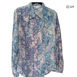 Coldwater Creek Paisley & Floral Button-Up silk Shirt in Blue and Teal ps